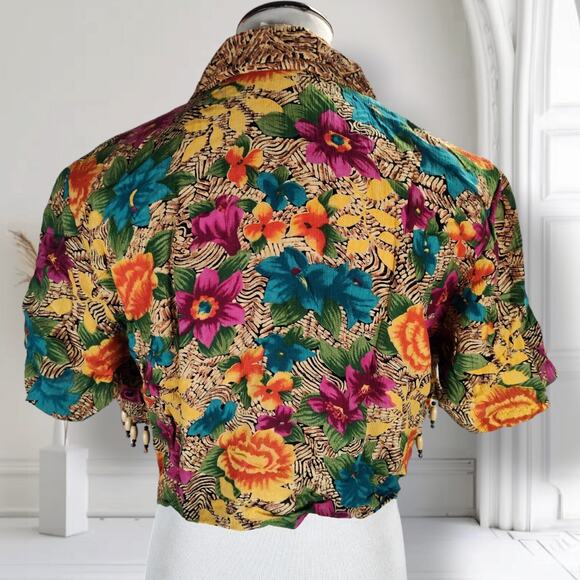 Vintage 90s Carole Little Beaded Floral Rayon Top Mexico Boho Festival Blouse - Picture 5 of 16